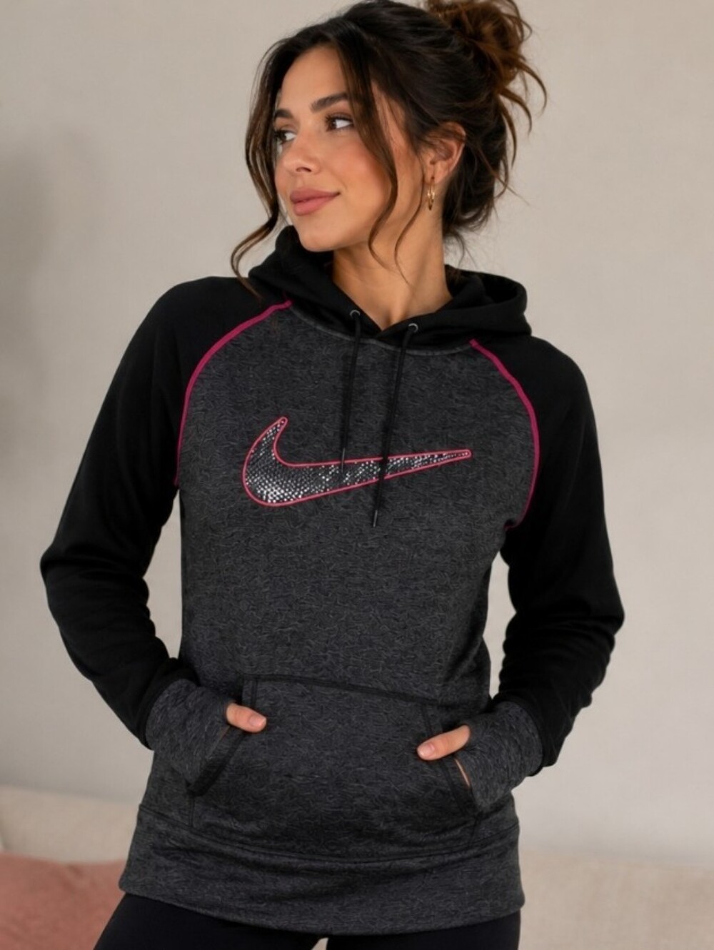 Nike Therma-FIT Hoodie Women's L Charcoal Black Pink Swoosh Thumbholes Y2K